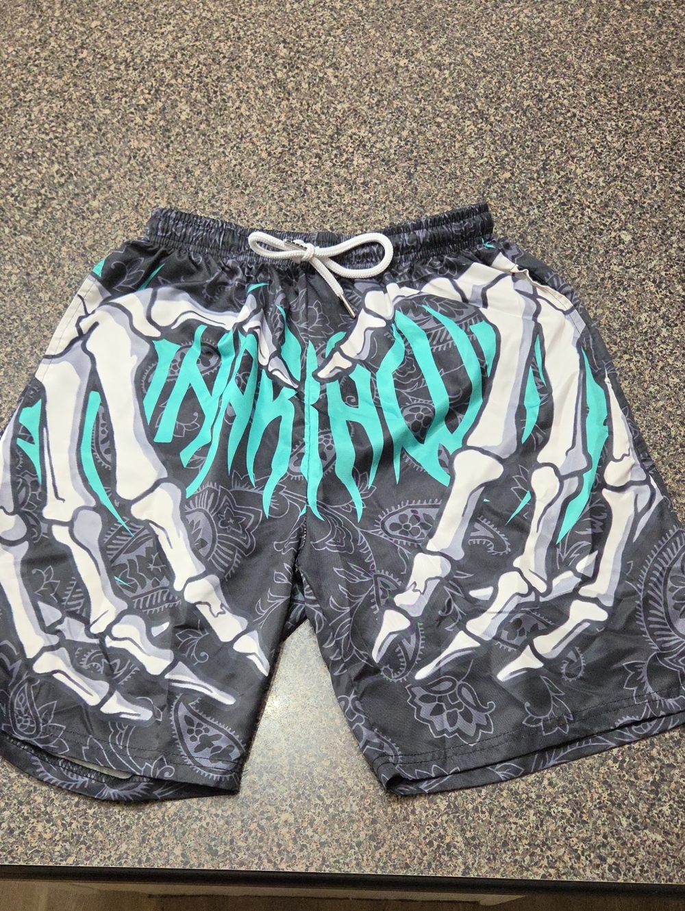Mens Black And Teal Skull Shorts